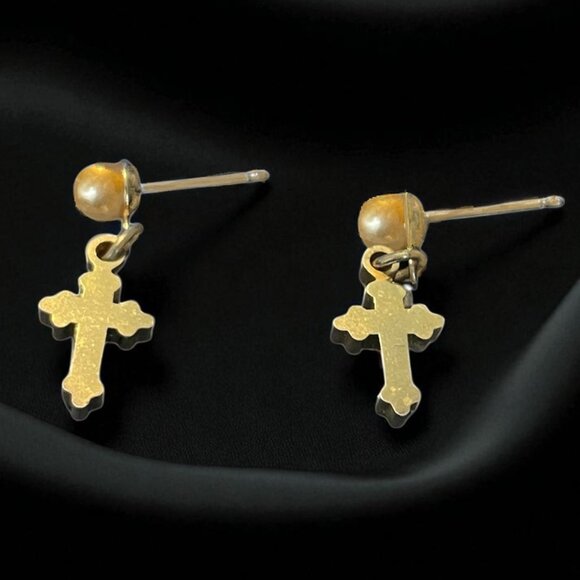 Dainty Dangle Cross Pierced Earrings - Picture 3 of 3